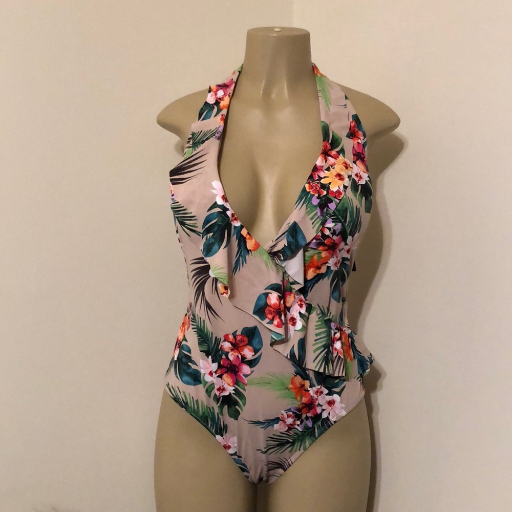 Tropical print ruffle one piece swimsuit
